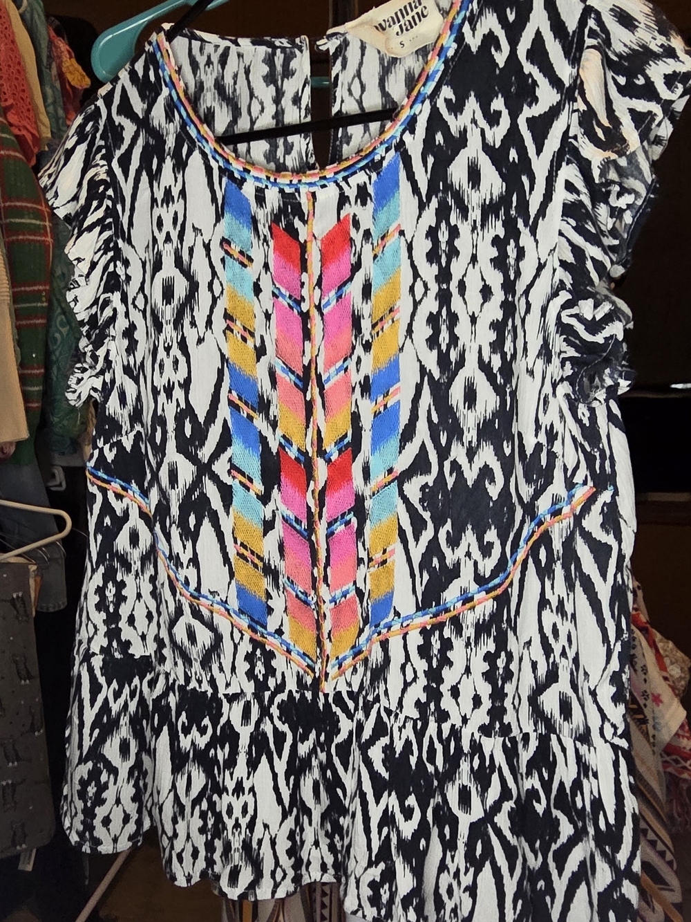 Savanna Jane Black & White Ikat Blouse with Multicolor Embroidery